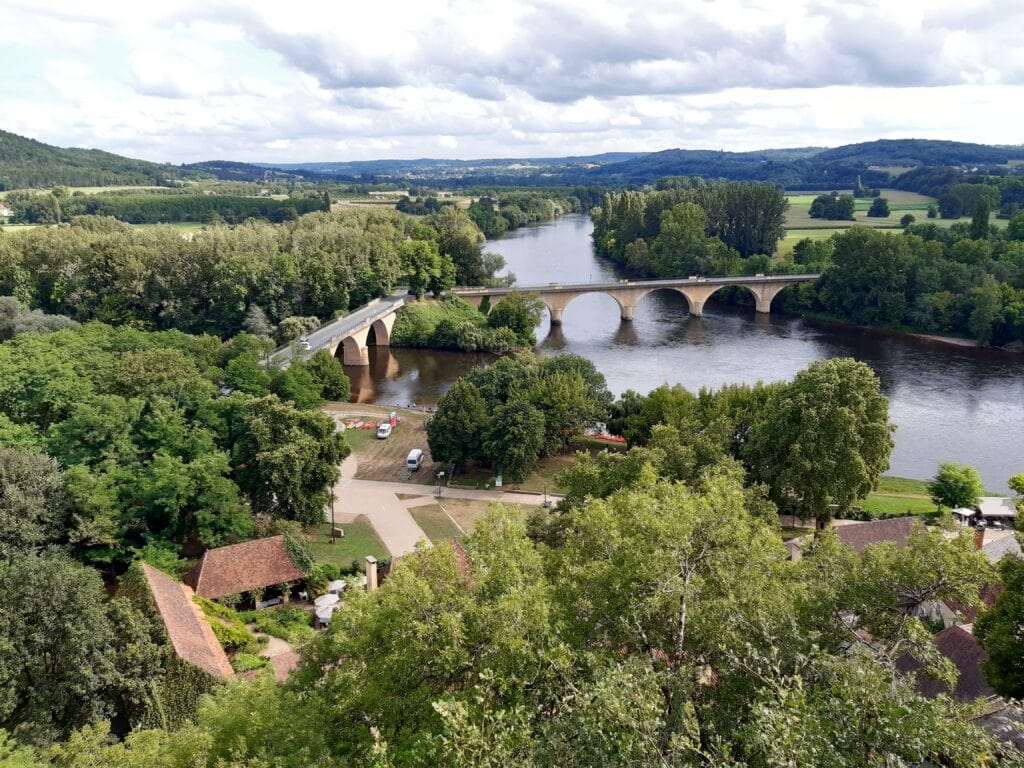 View of the Dordogne and Vézère from the panoramic gardens of Limeuil